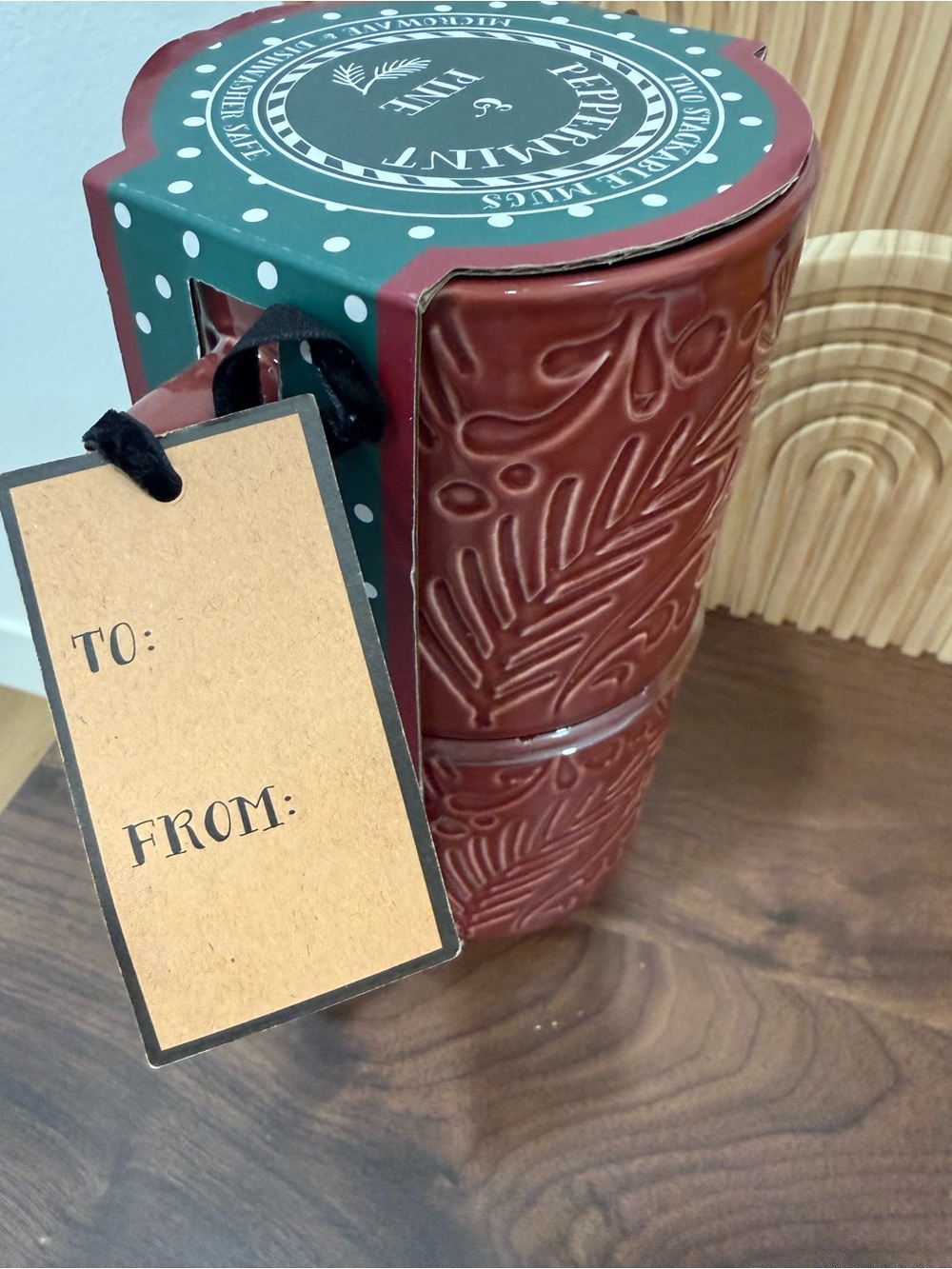 Peppermint & Pine Set of 2 Stackable Mugs Red Embossed NWT